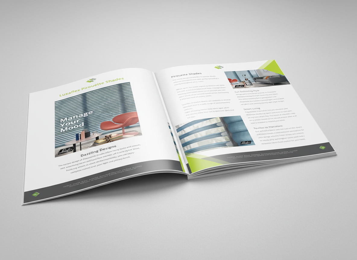 The Scottish Shutter Company brochure open to the Luxaflex Pirouette Shades pages