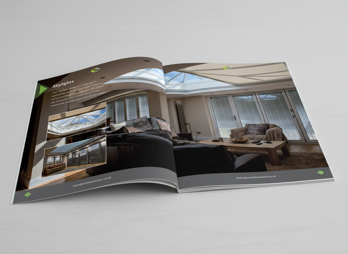 The Scottish Shutter Company brochure open to the skylight blinds pages