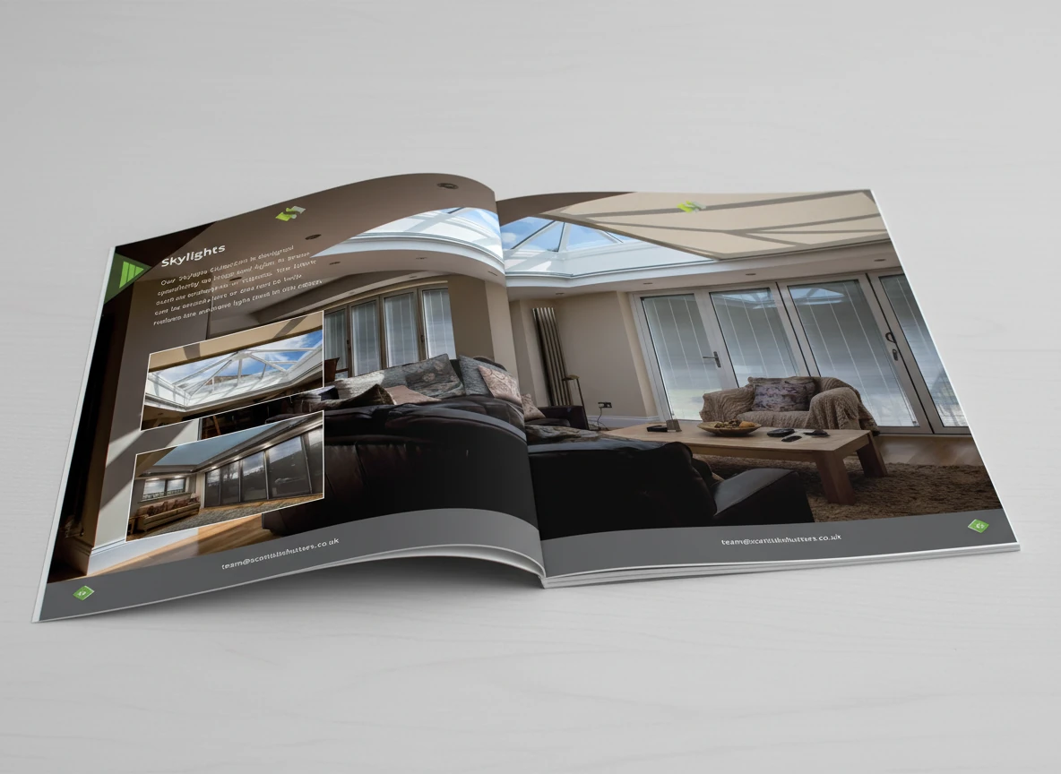The Scottish Shutter Company brochure open to the skylight blinds pages