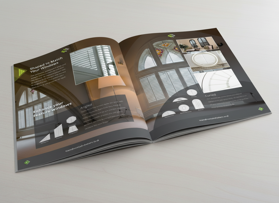 The Scottish Shutter Company brochure open to a page showing shaped window shutters