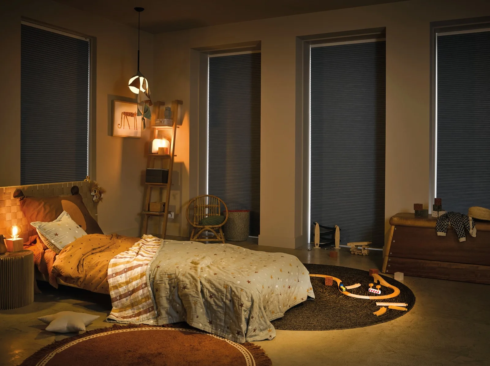 Duette room darkening blinds in a child's bedroom at night