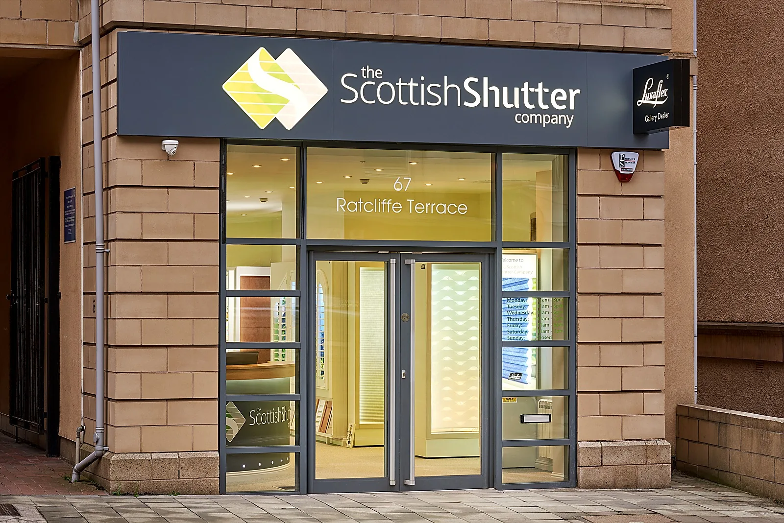 The Scottish Shutter Company Edinburgh Design Studio exterior at 67 Ratcliffe Terrace, showing the SSC storefront and Luxaflex Gallery Dealer signage