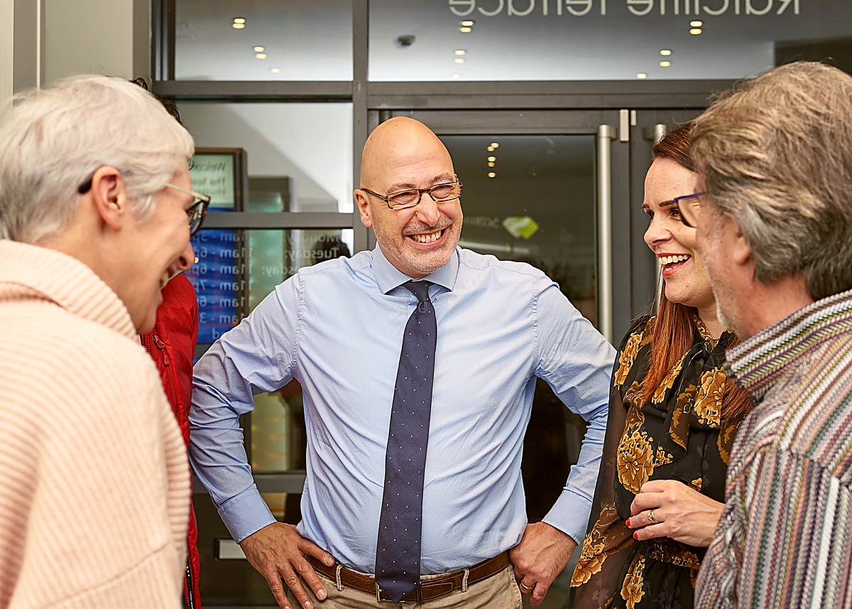 David D'Ambrosio welcoming guests to The Scottish Shutter Company Edinburgh Design Studio at the entrance on Ratcliffe Terrace