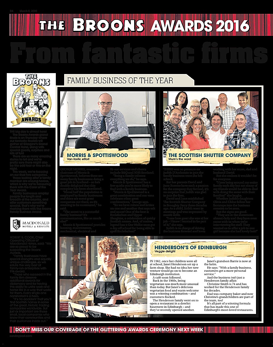 The Sunday Post Broons Awards 2016 full page featuring The Scottish Shutter Company as Family Business of the Year finalists
