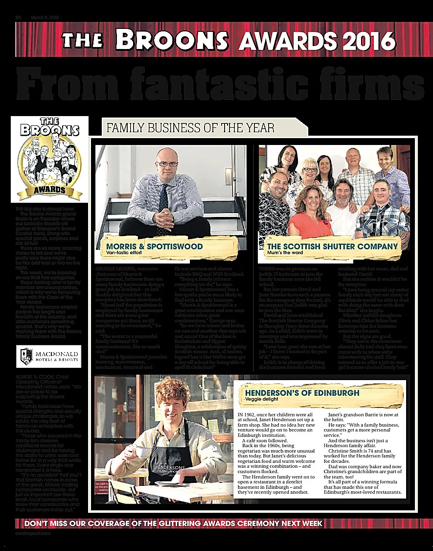 The Sunday Post Broons Awards 2016 full page featuring The Scottish Shutter Company as Family Business of the Year finalists