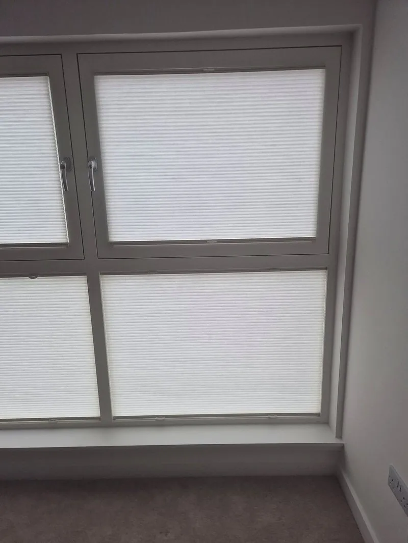 White TruFit blinds clipped to grey window frames